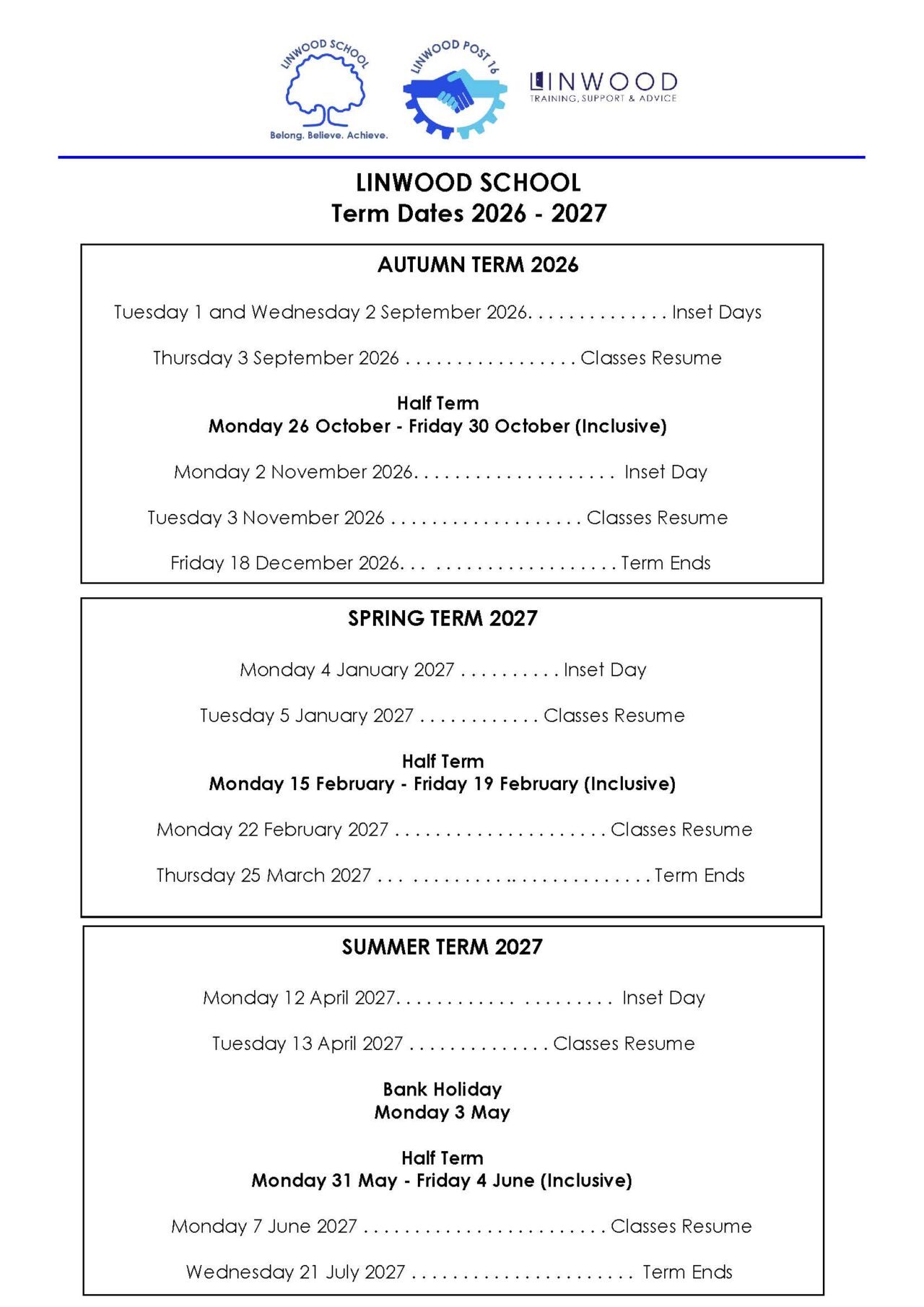 Term Dates with calendar | Linwood School