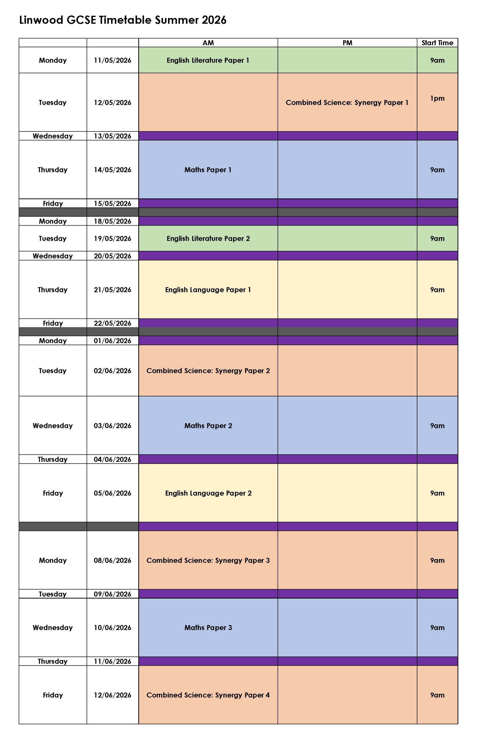 GCSE Timetable Summer 2026